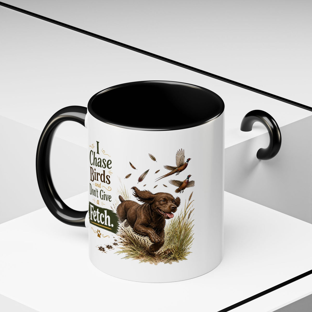 Funny Chocolate Cocker Spaniel Mug - I Chase Birds and Don't Give a Fetch, Working Gun Dog Gift, Pheasant Shooting Mug, 11oz