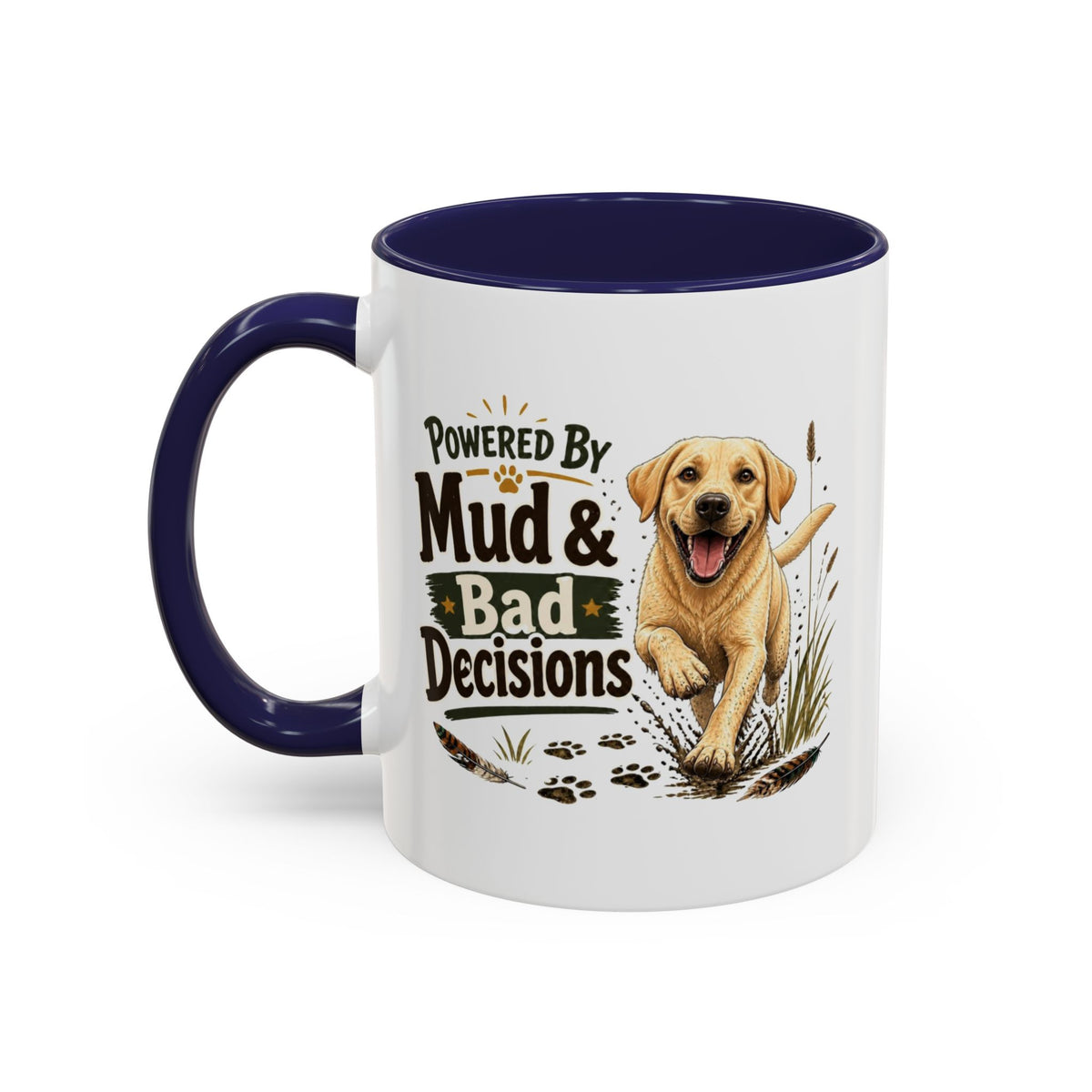 Funny Yellow Labrador Mug - Powered By Mud & Bad Decisions, Muddy Dog Owner Gift, Gundog Lover Coffee Mug, 11oz