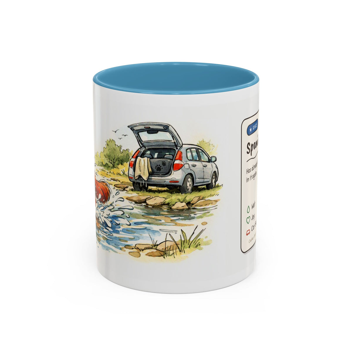 Funny red cocker spaniel mug, wet spaniel and car – view 1