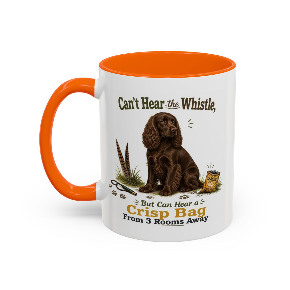 Funny Chocolate Cocker Spaniel Mug - Can't Hear the Whistle But Can Hear a Crisp Bag, Working Gun Dog Gift, Greedy Dog Mug, 11oz