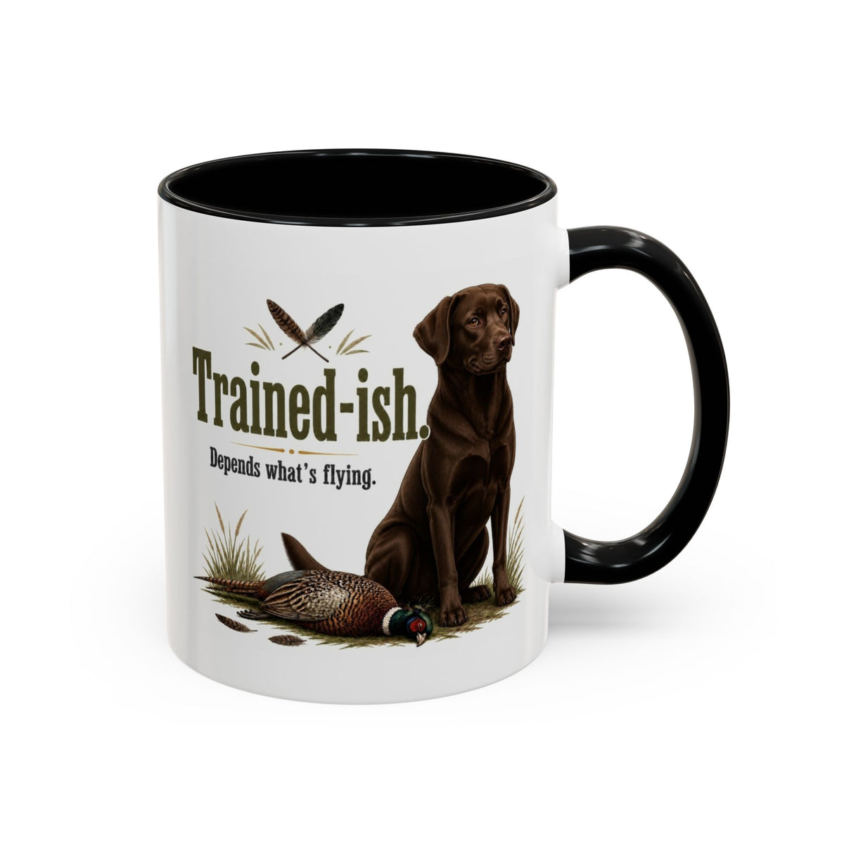 Funny Chocolate Labrador Mug - Trained-ish Depends What's Flying, Working Gun Dog Gift, Pheasant Shooting Mug, 11oz