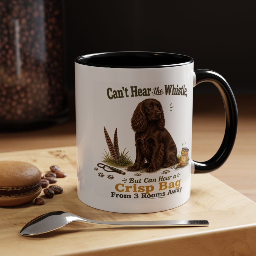 Funny Chocolate Cocker Spaniel Mug - Can't Hear the Whistle But Can Hear a Crisp Bag, Working Gun Dog Gift, Greedy Dog Mug, 11oz