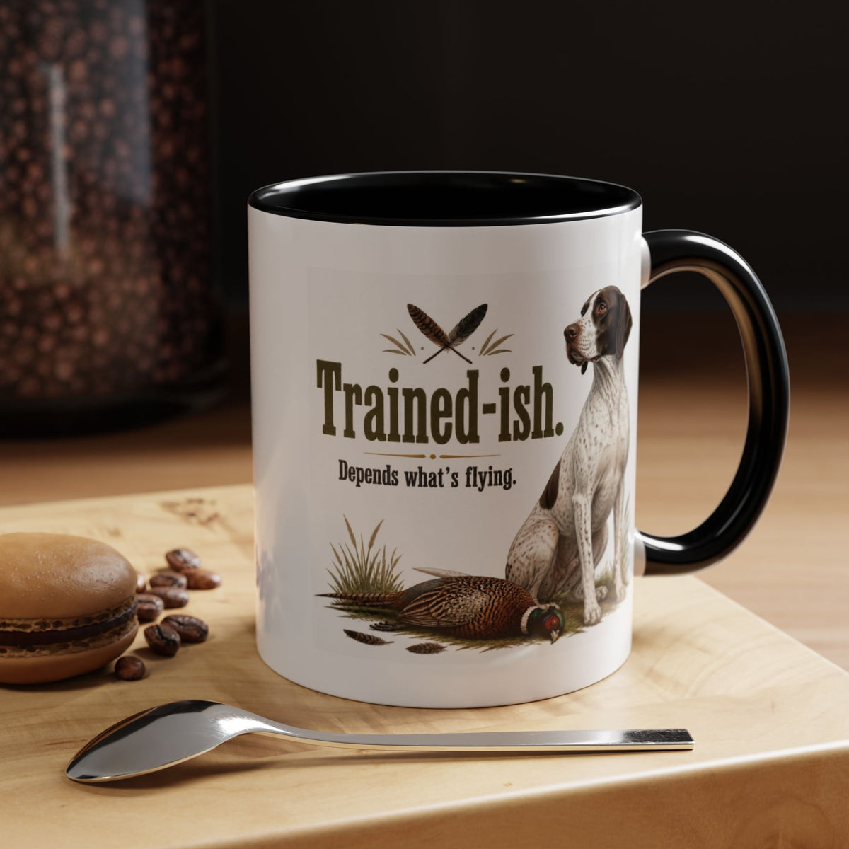Funny English Pointer Mug - Trained-ish Depends What's Flying, Working Gun Dog Gift, Pheasant Shooting Mug, 11oz