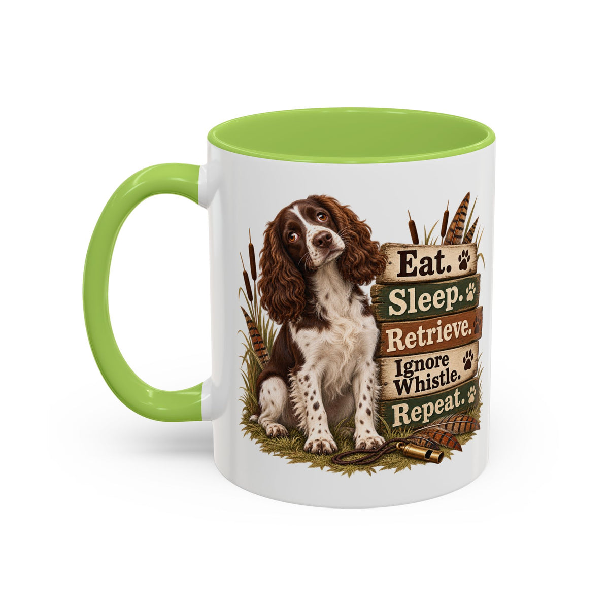 Funny Liver and White Springer Spaniel Mug - Eat Sleep Retrieve Ignore Whistle Repeat, Gundog Gift, Shooting Dog Mug, 11oz