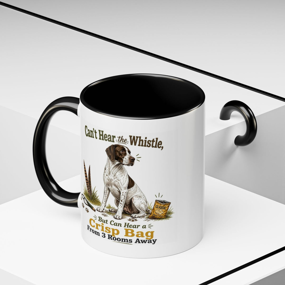 Funny English Pointer Mug - Can't Hear the Whistle But Can Hear a Crisp Bag, Working Gun Dog Gift, Greedy Dog Mug, 11oz