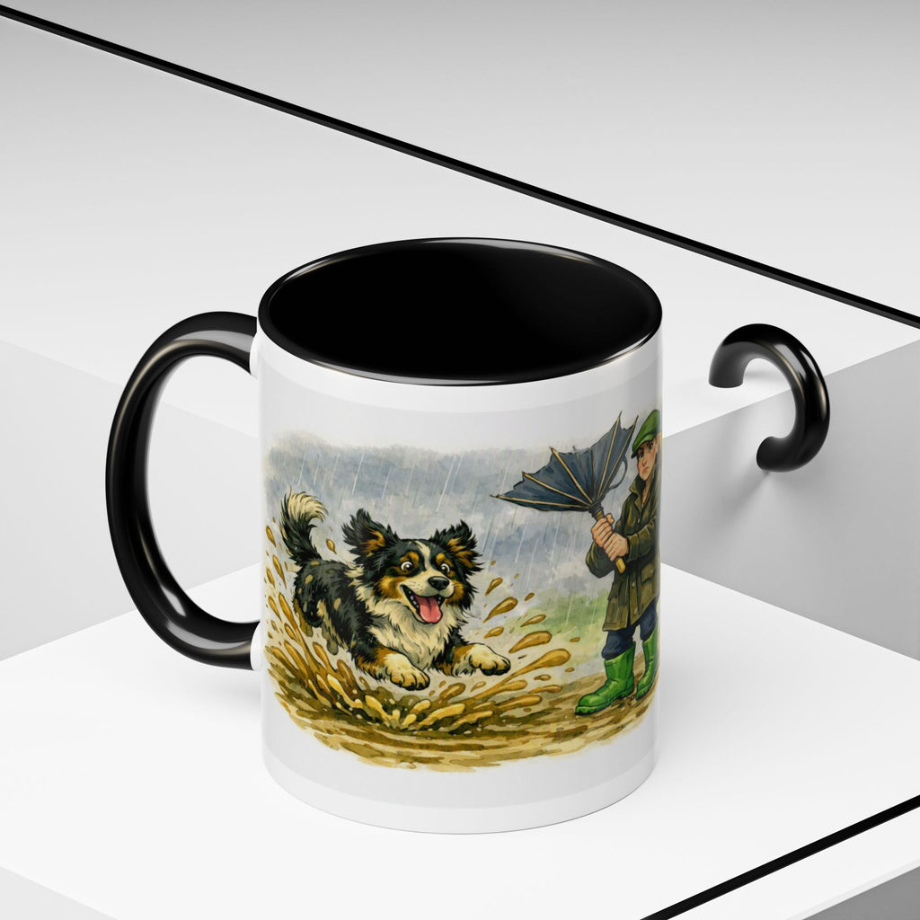 Rainy Walk Tea mug, woman with tri-colour dog on a muddy rainy walk – view 10
