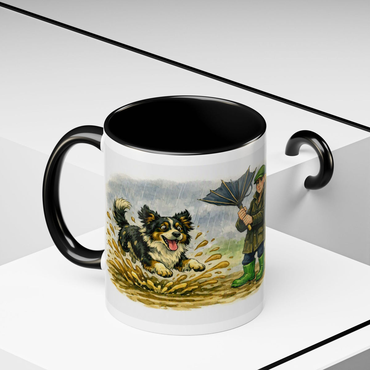 Rainy Walk Tea mug, woman with tri-colour dog on a muddy rainy walk – view 10