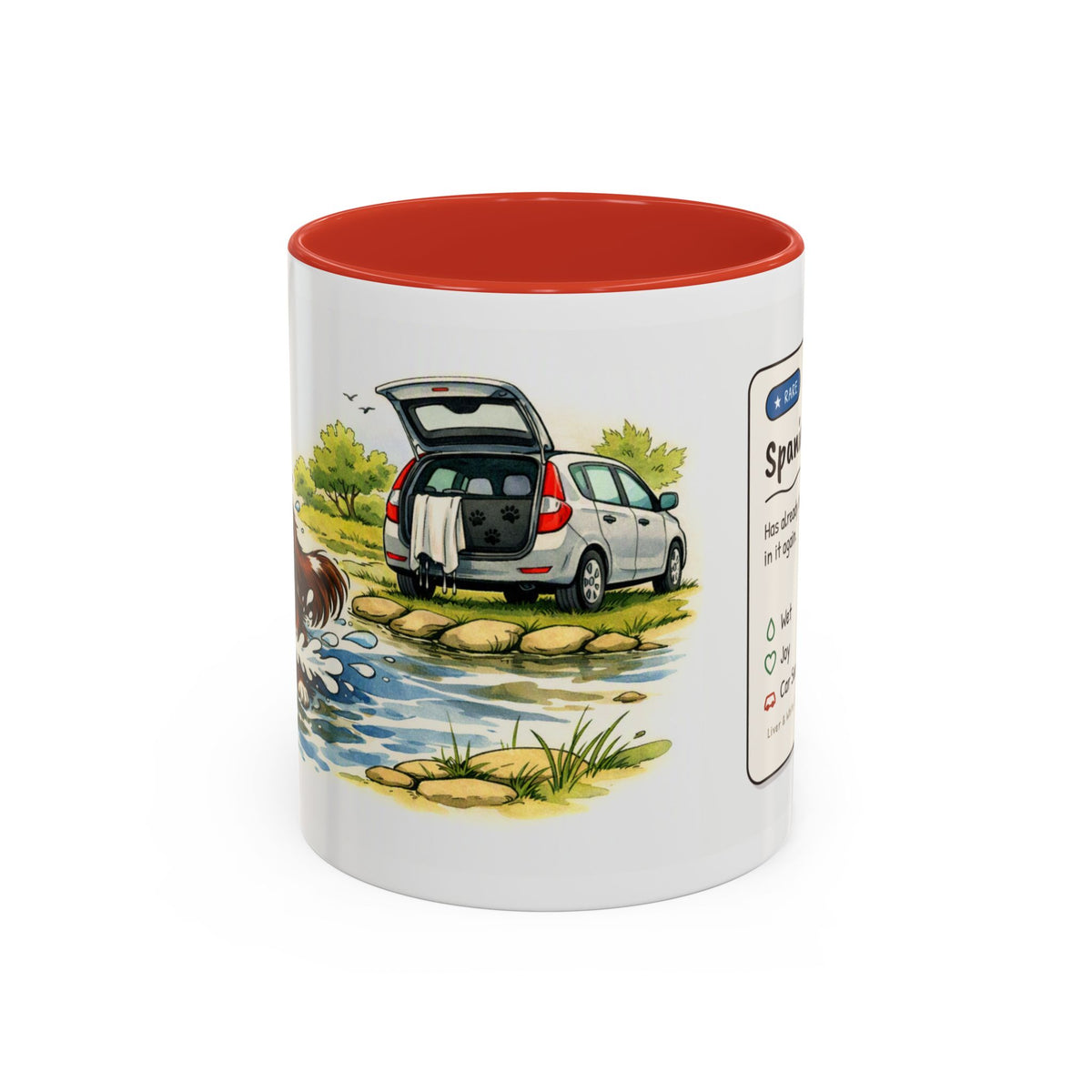 Funny liver and white cocker spaniel mug, wet spaniel and car – view 1