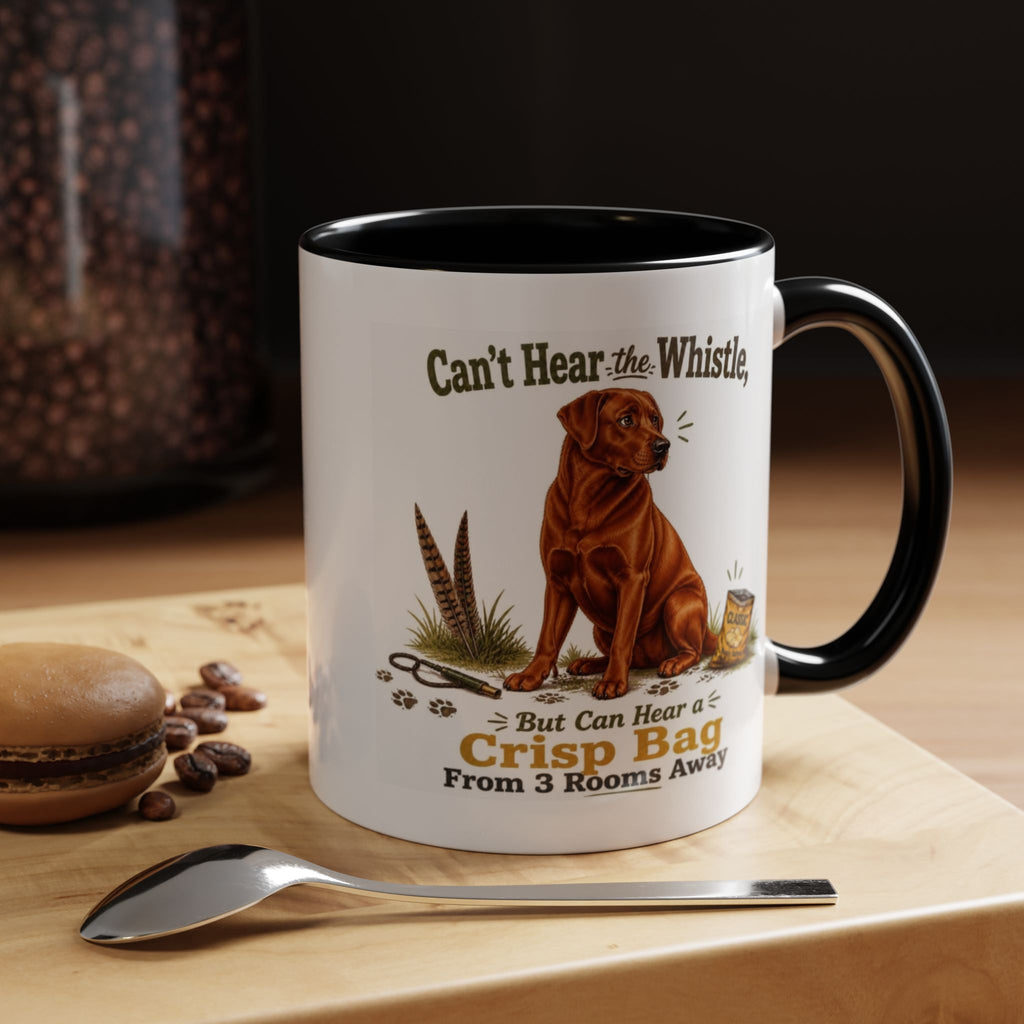 Funny Fox Red Labrador Mug - Can't Hear the Whistle But Can Hear a Crisp Bag, Working Gun Dog Gift, Greedy Dog Mug, 11oz