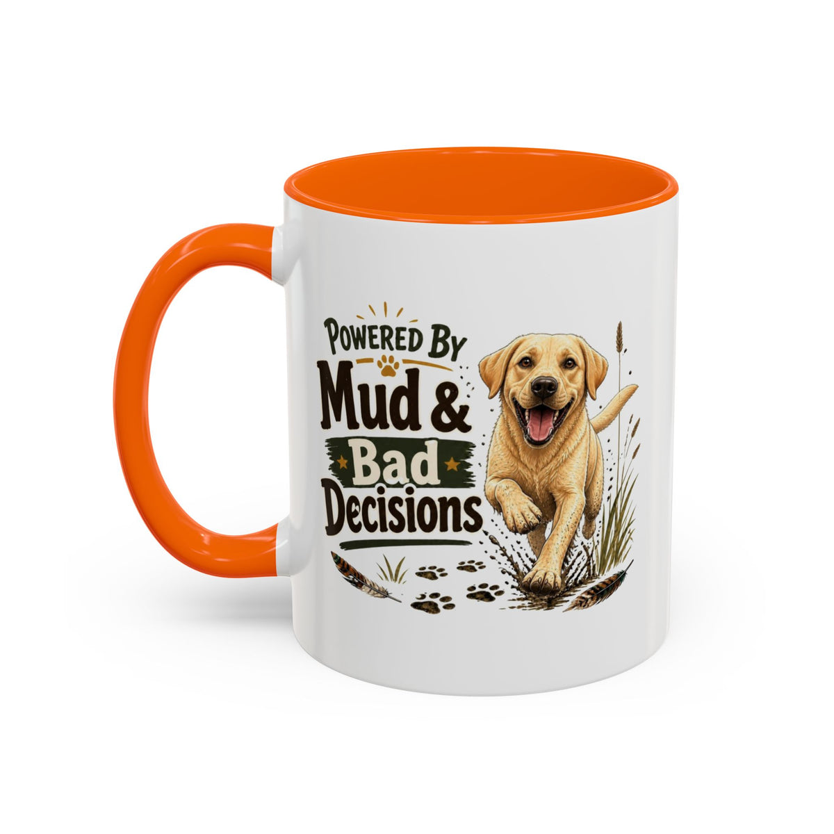Funny Yellow Labrador Mug - Powered By Mud & Bad Decisions, Muddy Dog Owner Gift, Gundog Lover Coffee Mug, 11oz