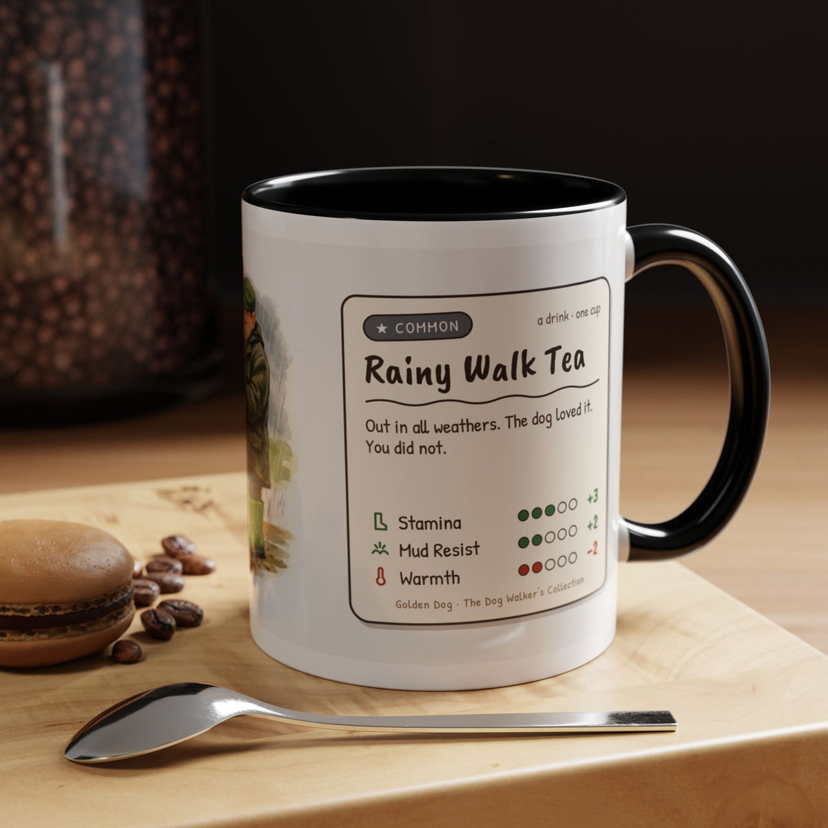 Rainy Walk Tea mug, man with golden dog on a muddy rainy walk – view 8