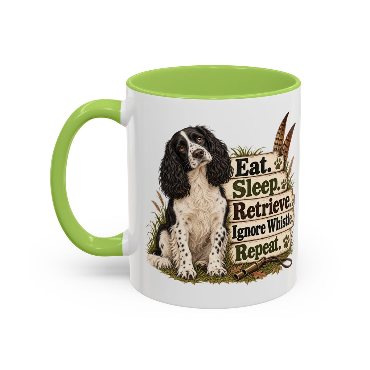 Funny Black and White Springer Spaniel Mug - Eat Sleep Retrieve Ignore Whistle Repeat, Gundog Gift, Shooting Dog Mug, 11oz