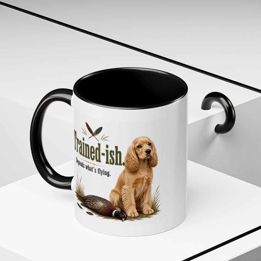 Funny Golden Cocker Spaniel Mug - Trained-ish Depends What's Flying, Working Gun Dog Gift, Pheasant Shooting Mug, 11oz