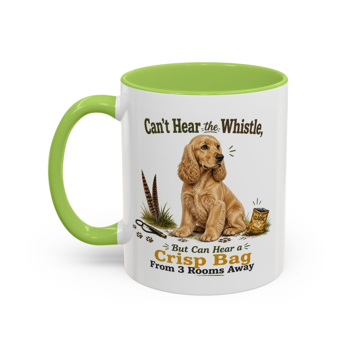 Funny Golden Cocker Spaniel Mug - Can't Hear the Whistle But Can Hear a Crisp Bag, Working Gun Dog Gift, Greedy Dog Mug, 11oz