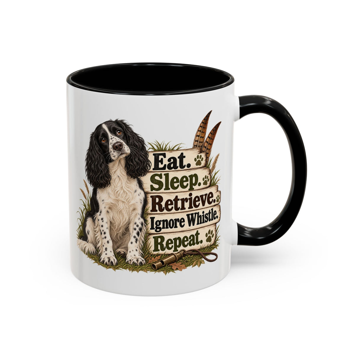Funny Black and White Springer Spaniel Mug - Eat Sleep Retrieve Ignore Whistle Repeat, Gundog Gift, Shooting Dog Mug, 11oz