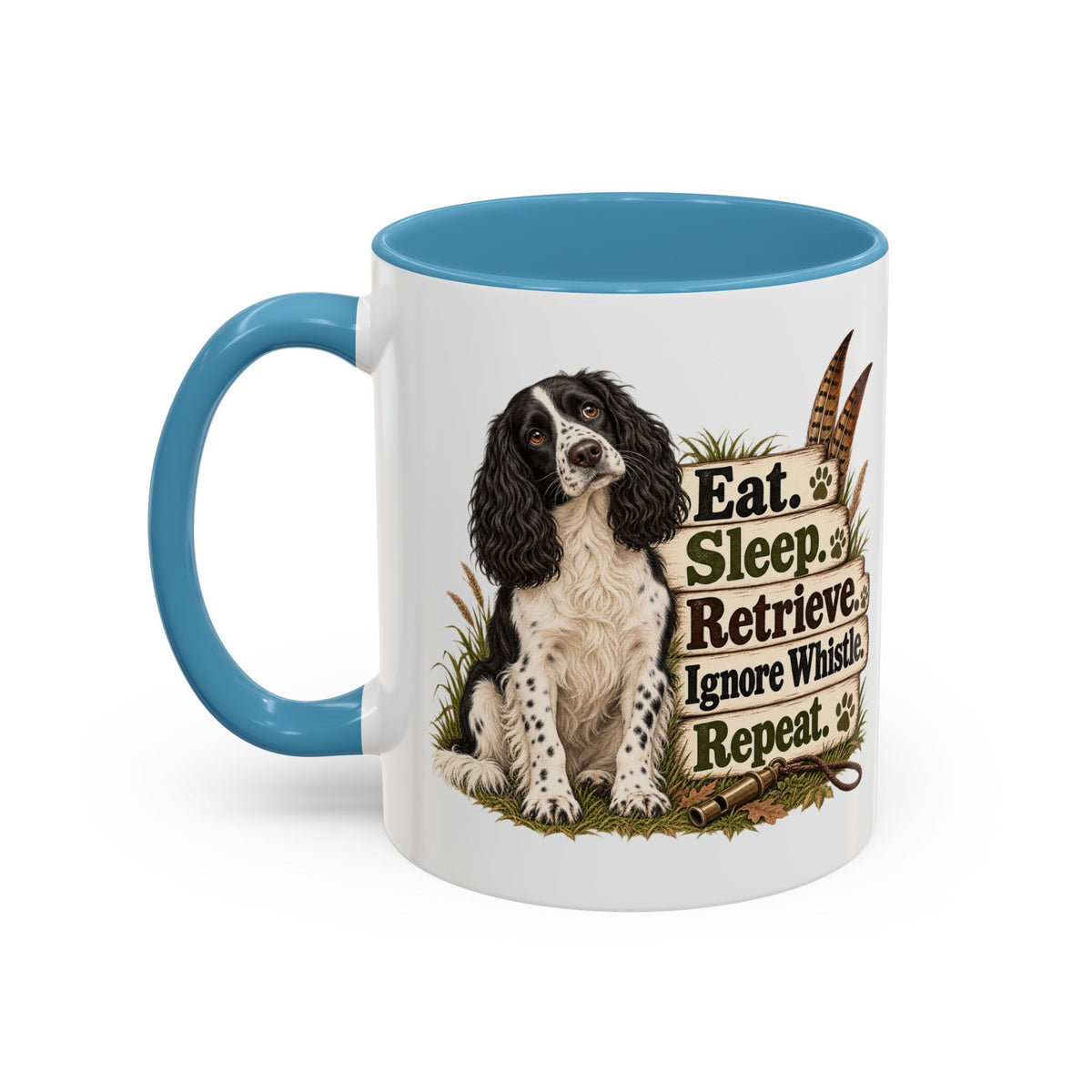 Funny Black and White Springer Spaniel Mug - Eat Sleep Retrieve Ignore Whistle Repeat, Gundog Gift, Shooting Dog Mug, 11oz
