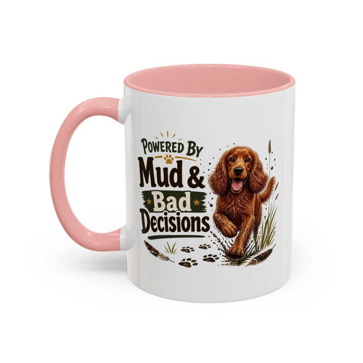 Funny Red Cocker Spaniel Mug - Powered By Mud & Bad Decisions, Muddy Dog Owner Gift, Gundog Lover Coffee Mug, 11oz