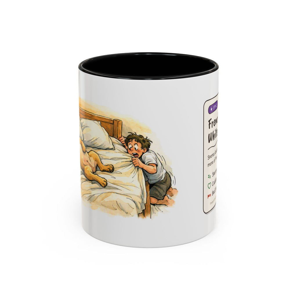 Funny French bulldog mug, snoring Frenchie hogging the bed – view 1