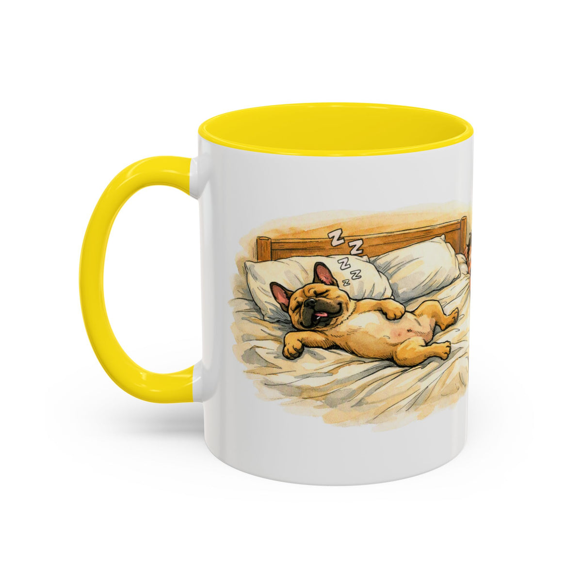 Funny French Bulldog Mug – Snoring Frenchie Bed Hog, Watercolour Dog Lover Gift, 11oz Ceramic Coffee Cup