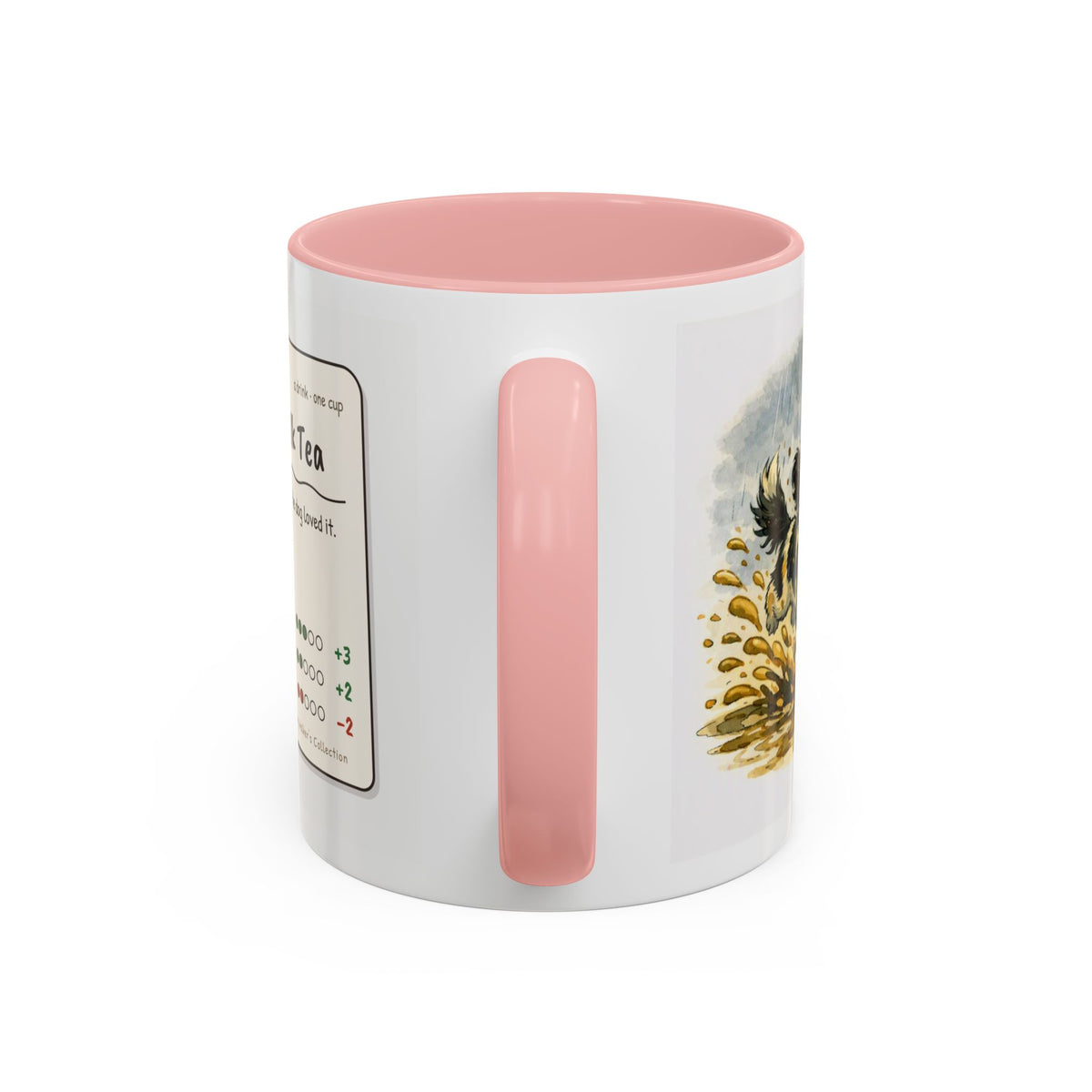 Rainy Walk Tea mug, woman in wellies with black and white dog – view 10