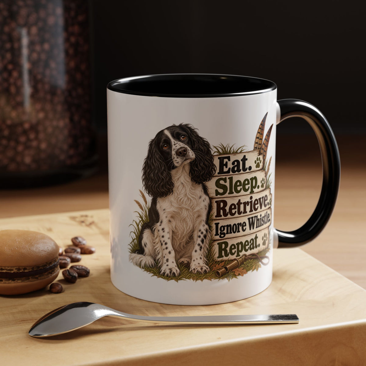 Funny Black and White Springer Spaniel Mug - Eat Sleep Retrieve Ignore Whistle Repeat, Gundog Gift, Shooting Dog Mug, 11oz