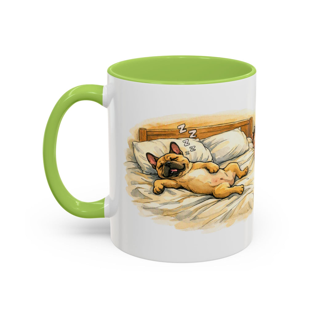 Funny French Bulldog Mug – Snoring Frenchie Bed Hog, Watercolour Dog Lover Gift, 11oz Ceramic Coffee Cup