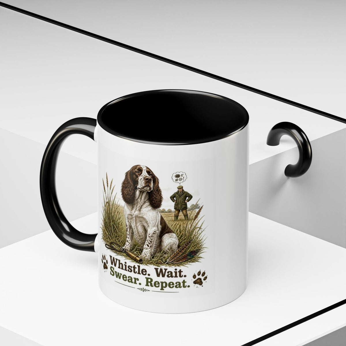 Funny Liver and White Springer Spaniel Mug - Whistle. Wait. Swear. Repeat. Working Gun Dog Gift, Dog Training Mug, 11oz