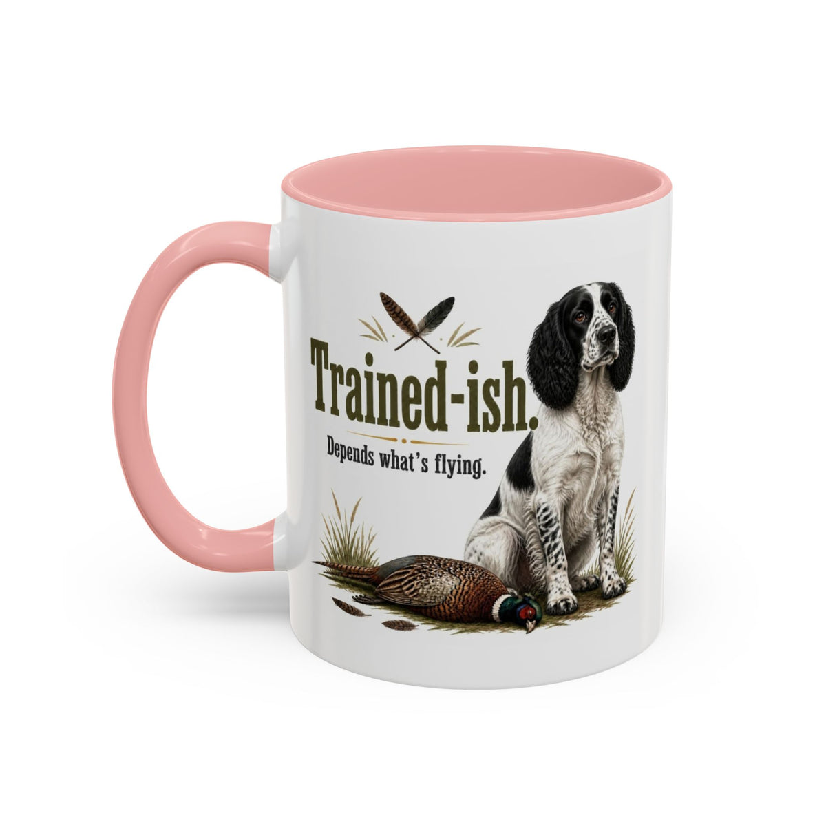 Funny Black and White Springer Spaniel Mug - Trained-ish Depends What's Flying, Working Gun Dog Gift, Pheasant Shooting Mug, 11oz