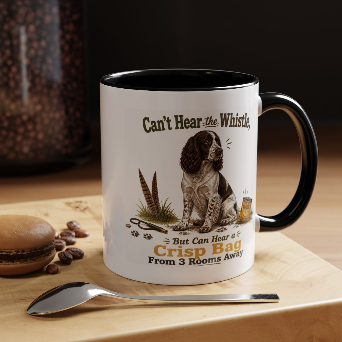 Funny Liver and White Springer Spaniel Mug - Can't Hear the Whistle But Can Hear a Crisp Bag, Working Gun Dog Gift, Greedy Dog Mug, 11oz