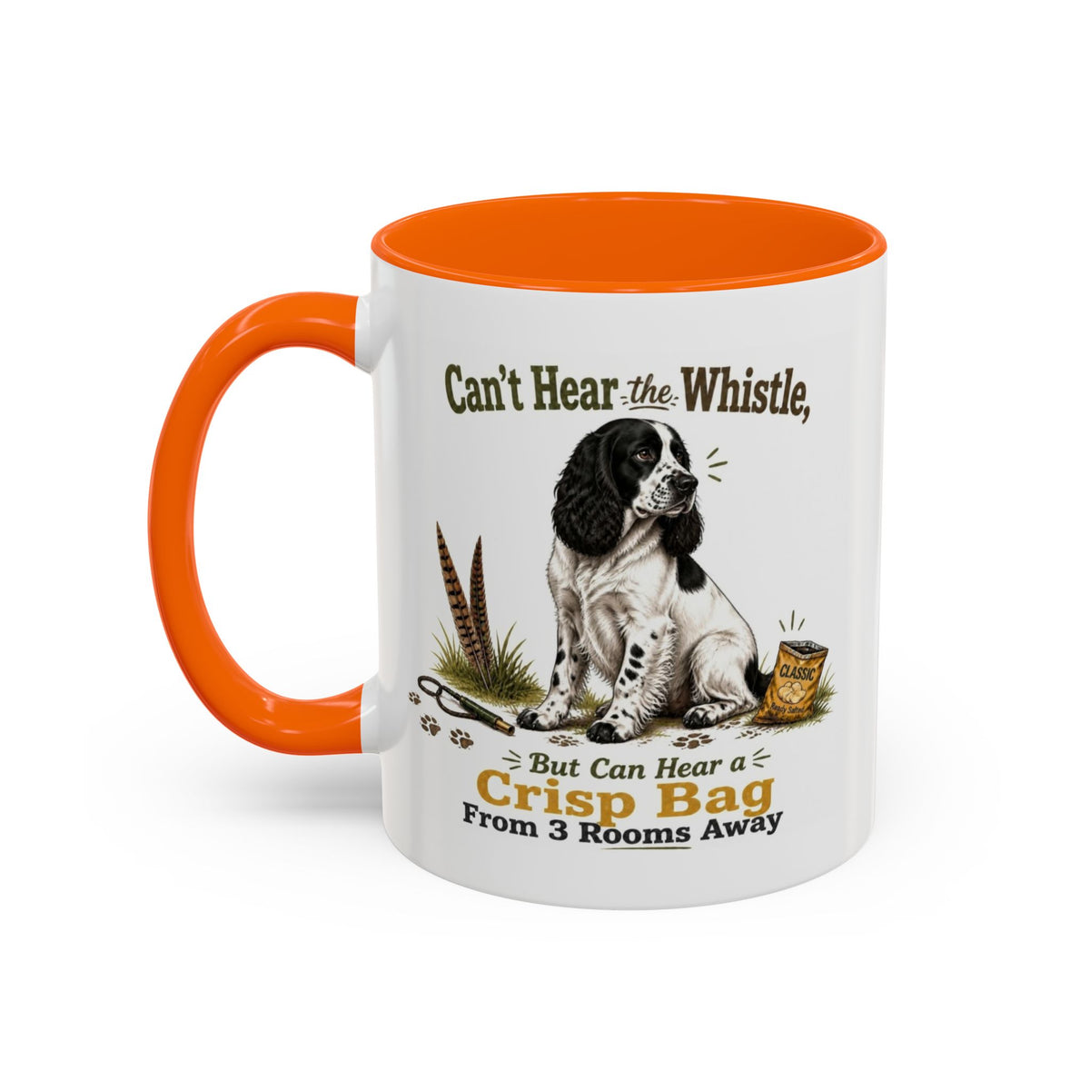 Funny Black and White Springer Spaniel Mug - Can't Hear the Whistle But Can Hear a Crisp Bag, Working Gun Dog Gift, Greedy Dog Mug, 11oz