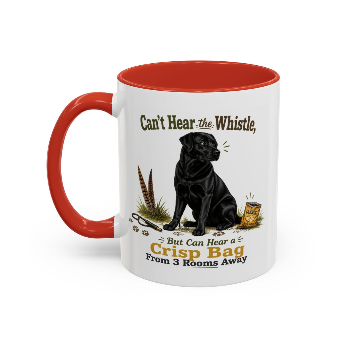 Funny Black Labrador Mug - Can't Hear the Whistle But Can Hear a Crisp Bag, Working Gun Dog Gift, Greedy Dog Mug, 11oz
