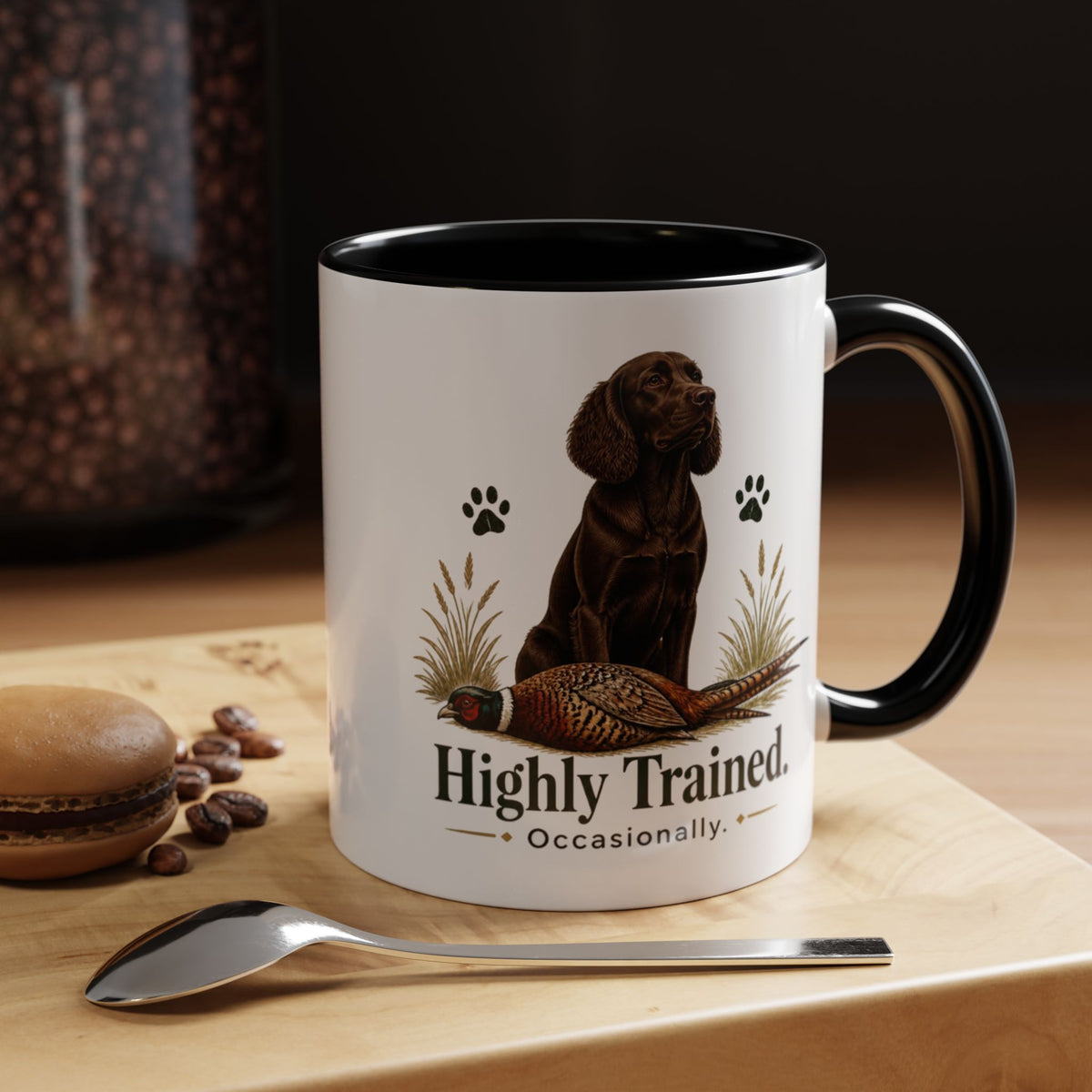 Funny Chocolate Cocker Spaniel Mug - Highly Trained Occasionally, Gundog Owner Gift, Shooting Dog Lover Coffee Mug, 11oz