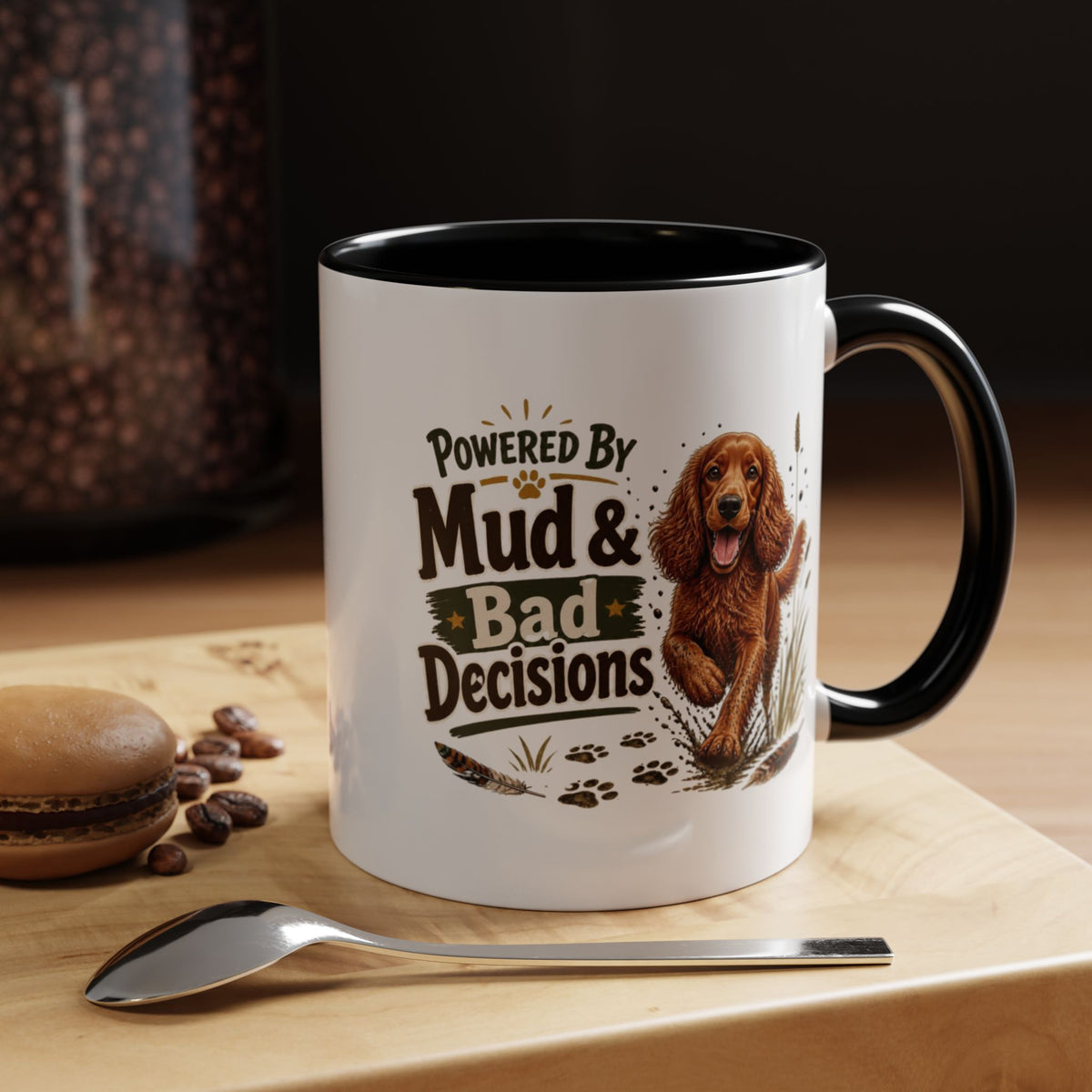 Funny Red Cocker Spaniel Mug - Powered By Mud & Bad Decisions, Muddy Dog Owner Gift, Gundog Lover Coffee Mug, 11oz