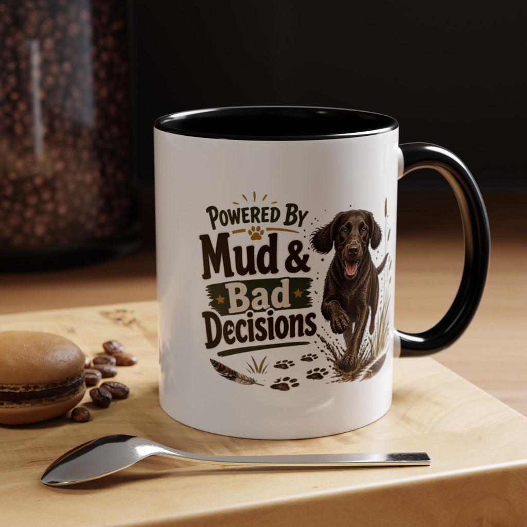 Funny Chocolate Cocker Spaniel Mug - Powered By Mud & Bad Decisions, Muddy Dog Owner Gift, Gundog Lover Coffee Mug, 11oz