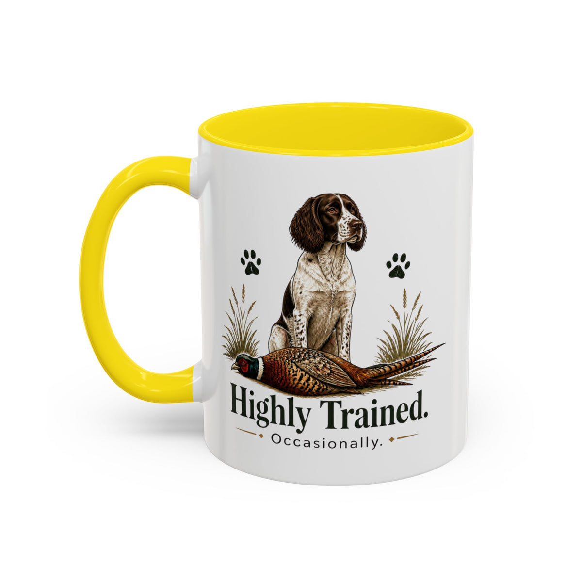 Funny Liver and White Springer Spaniel Mug - Highly Trained Occasionally, Gundog Owner Gift, Shooting Dog Lover Coffee Mug, 11oz