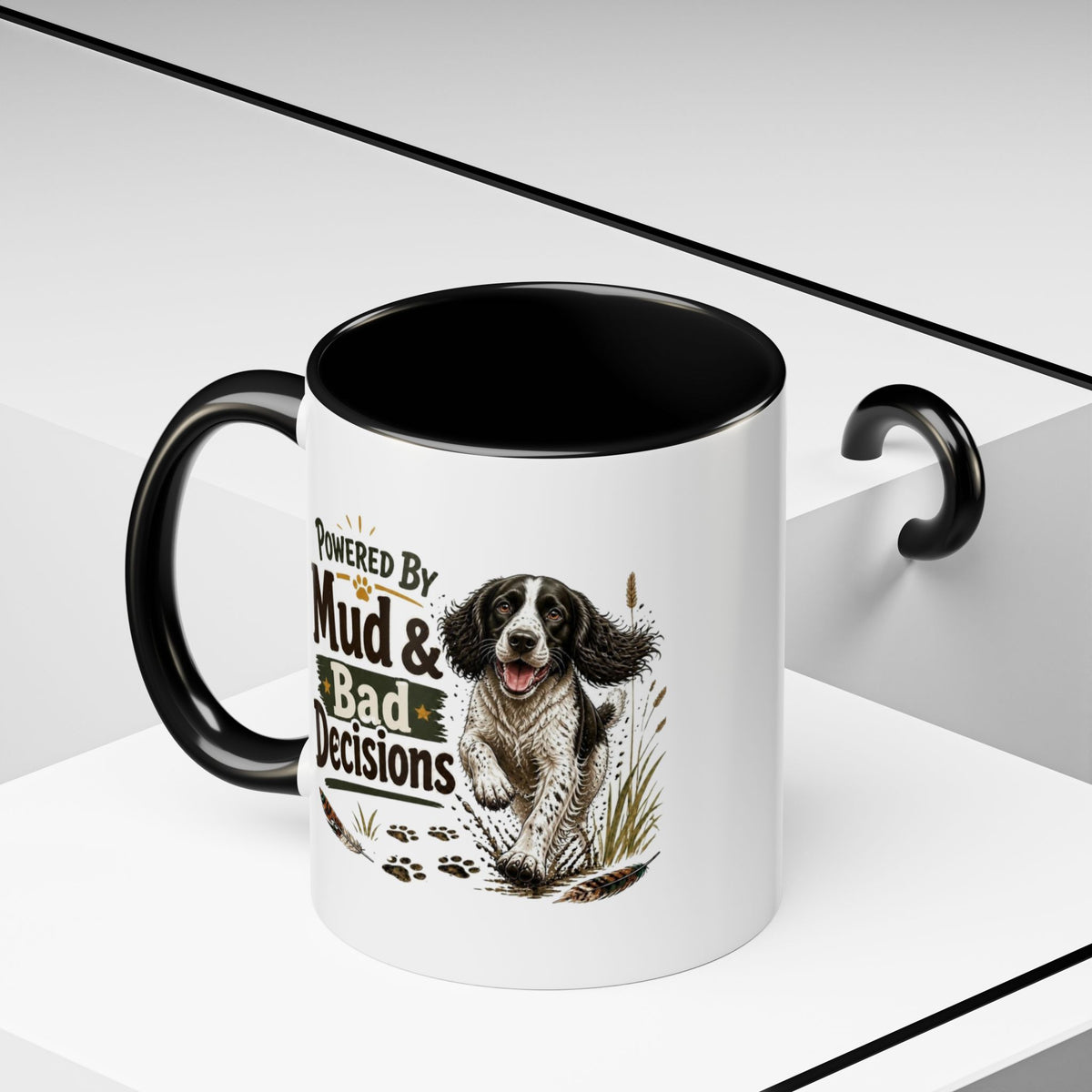 Funny Black and White Springer Spaniel Mug - Powered By Mud & Bad Decisions, Muddy Dog Owner Gift, Gundog Lover Coffee Mug, 11oz