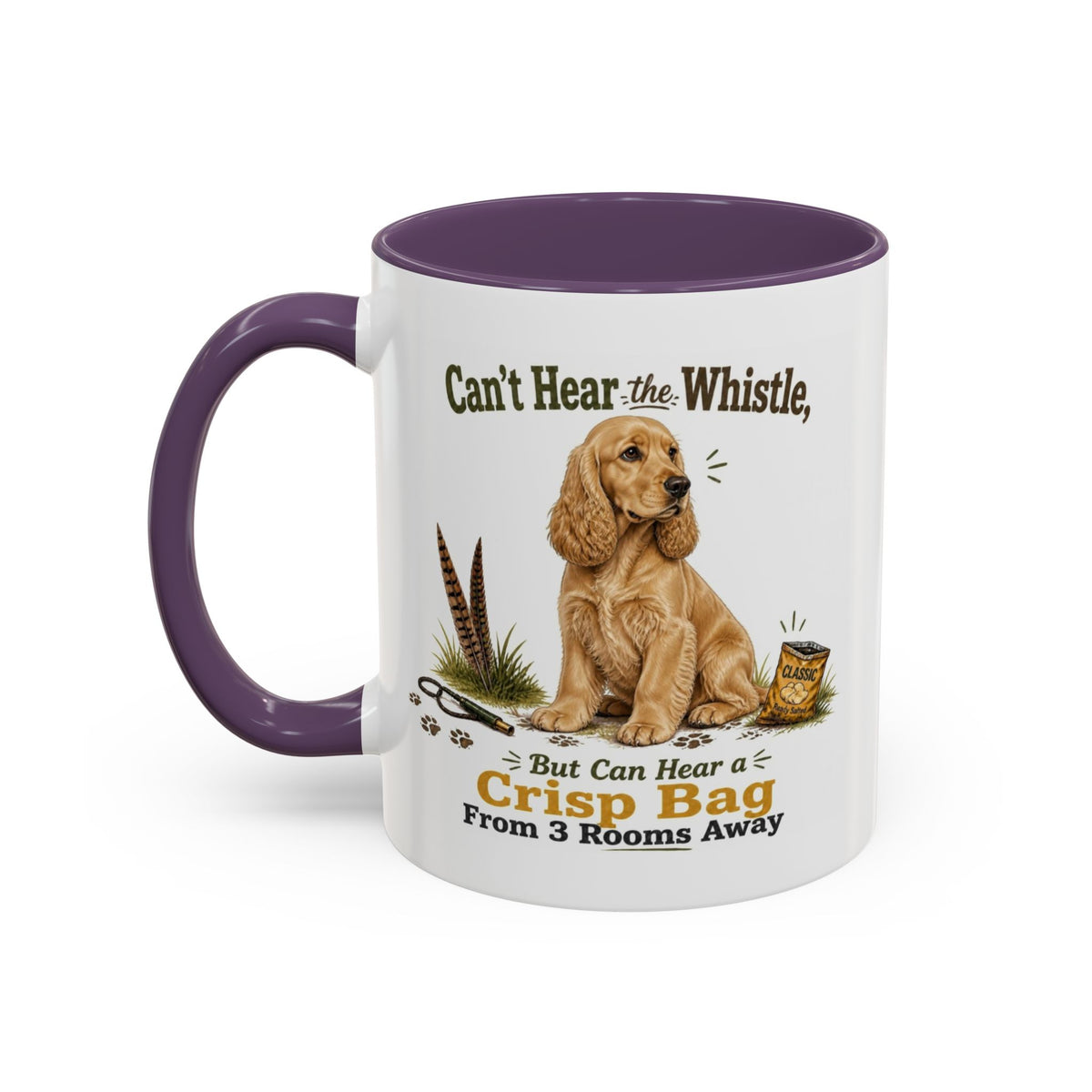 Funny Golden Cocker Spaniel Mug - Can't Hear the Whistle But Can Hear a Crisp Bag, Working Gun Dog Gift, Greedy Dog Mug, 11oz