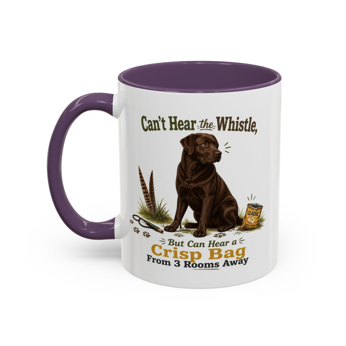 Funny Chocolate Labrador Mug - Can't Hear the Whistle But Can Hear a Crisp Bag, Working Gun Dog Gift, Greedy Dog Mug, 11oz