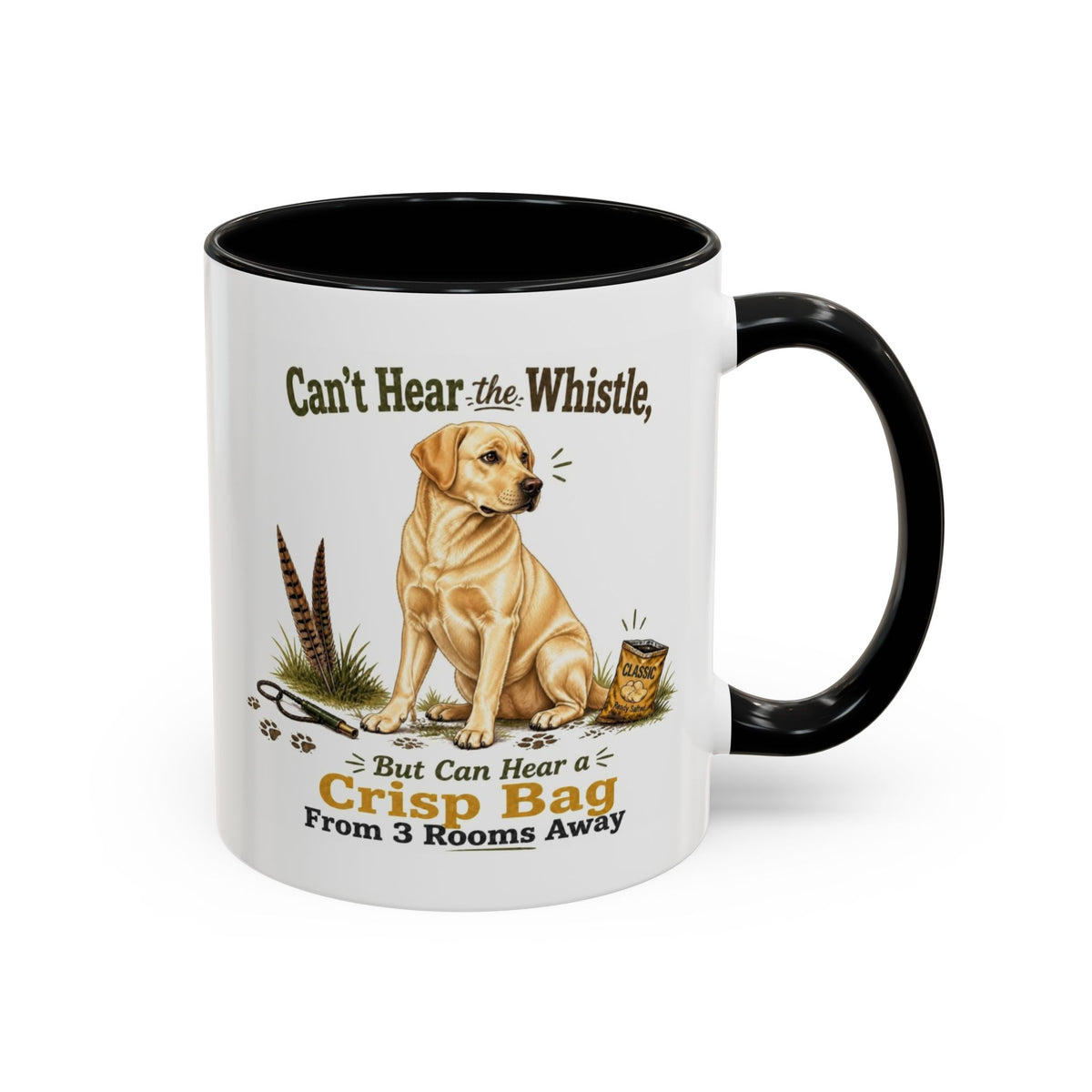 Funny Yellow Labrador Mug - Can't Hear the Whistle But Can Hear a Crisp Bag, Working Gun Dog Gift, Greedy Dog Mug, 11oz
