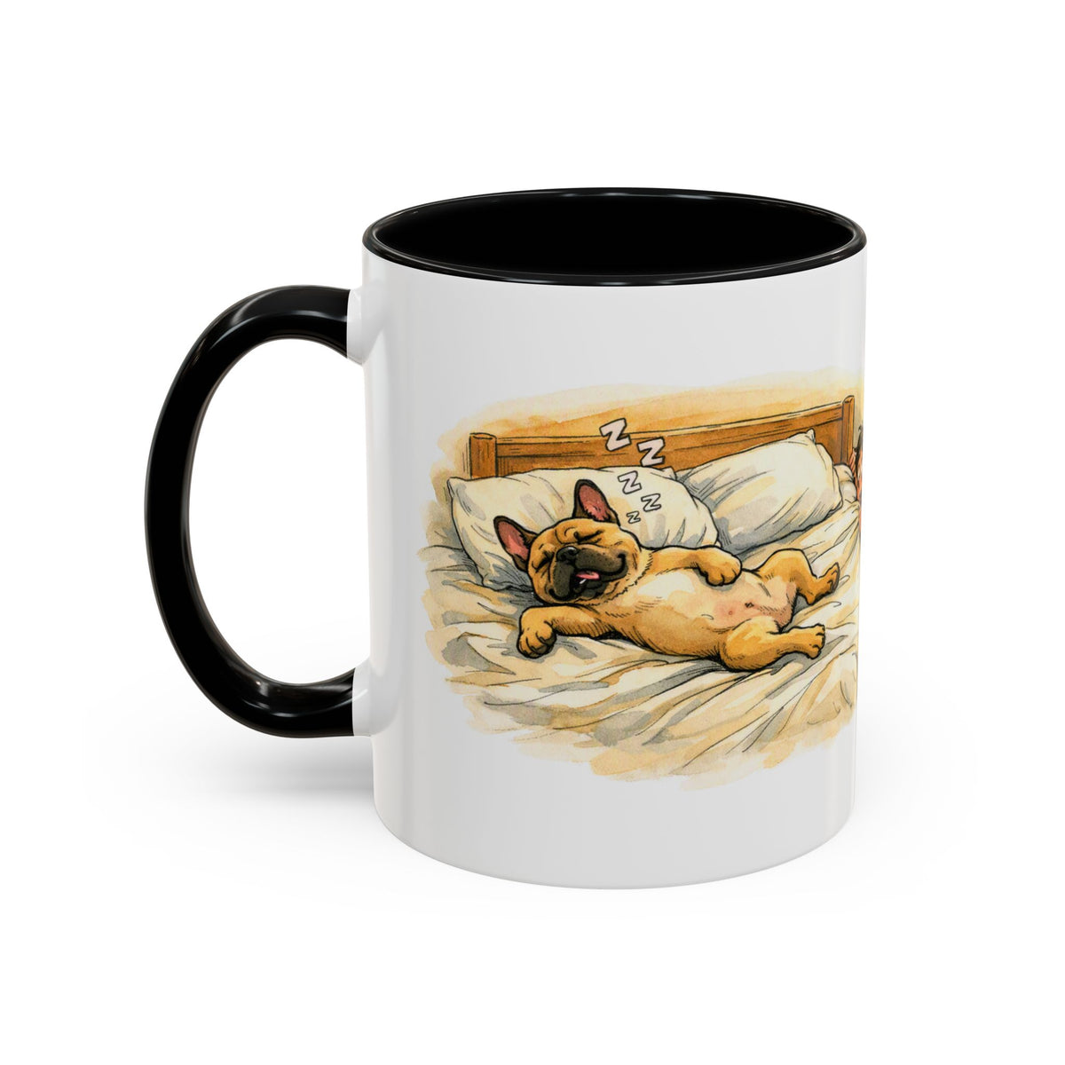 Funny French bulldog mug, snoring Frenchie hogging the bed – view 11