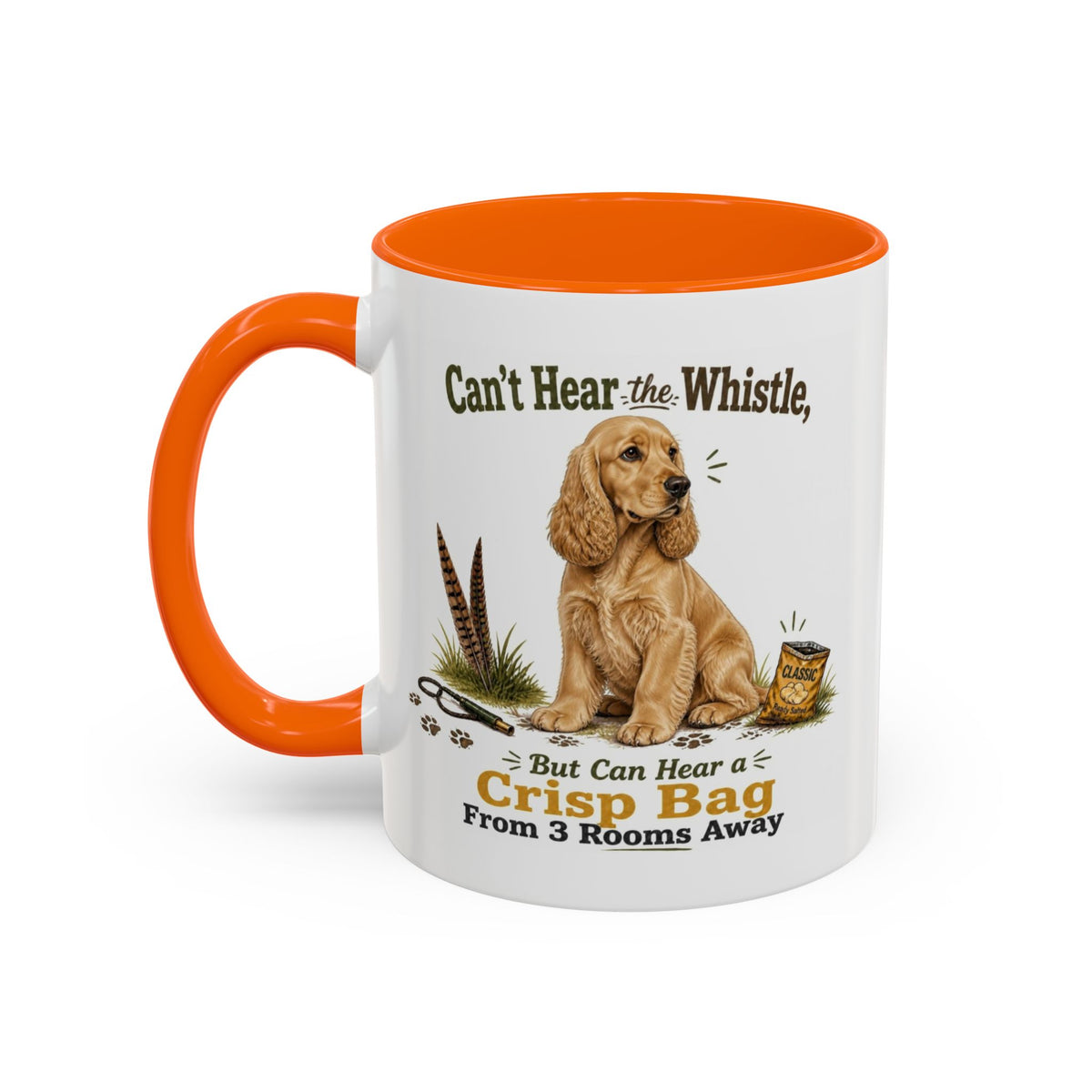Funny Golden Cocker Spaniel Mug - Can't Hear the Whistle But Can Hear a Crisp Bag, Working Gun Dog Gift, Greedy Dog Mug, 11oz