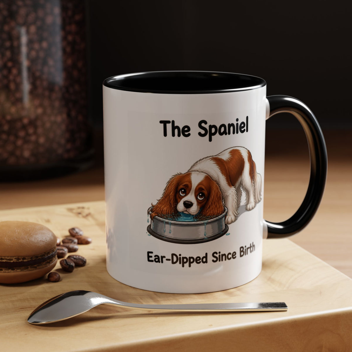 Funny Blenheim Cavalier King Charles Spaniel Mug - The Spaniel, Ear-Dipped Since Birth, Spaniel Owner Gift, Dog Lover Coffee Mug, 11oz