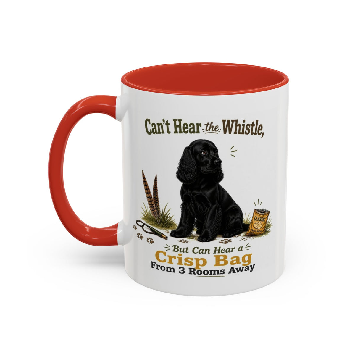 Funny Black Cocker Spaniel Mug - Can't Hear the Whistle But Can Hear a Crisp Bag, Working Gun Dog Gift, Greedy Dog Mug, 11oz