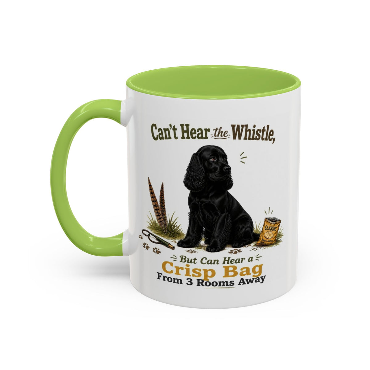 Funny Black Cocker Spaniel Mug - Can't Hear the Whistle But Can Hear a Crisp Bag, Working Gun Dog Gift, Greedy Dog Mug, 11oz