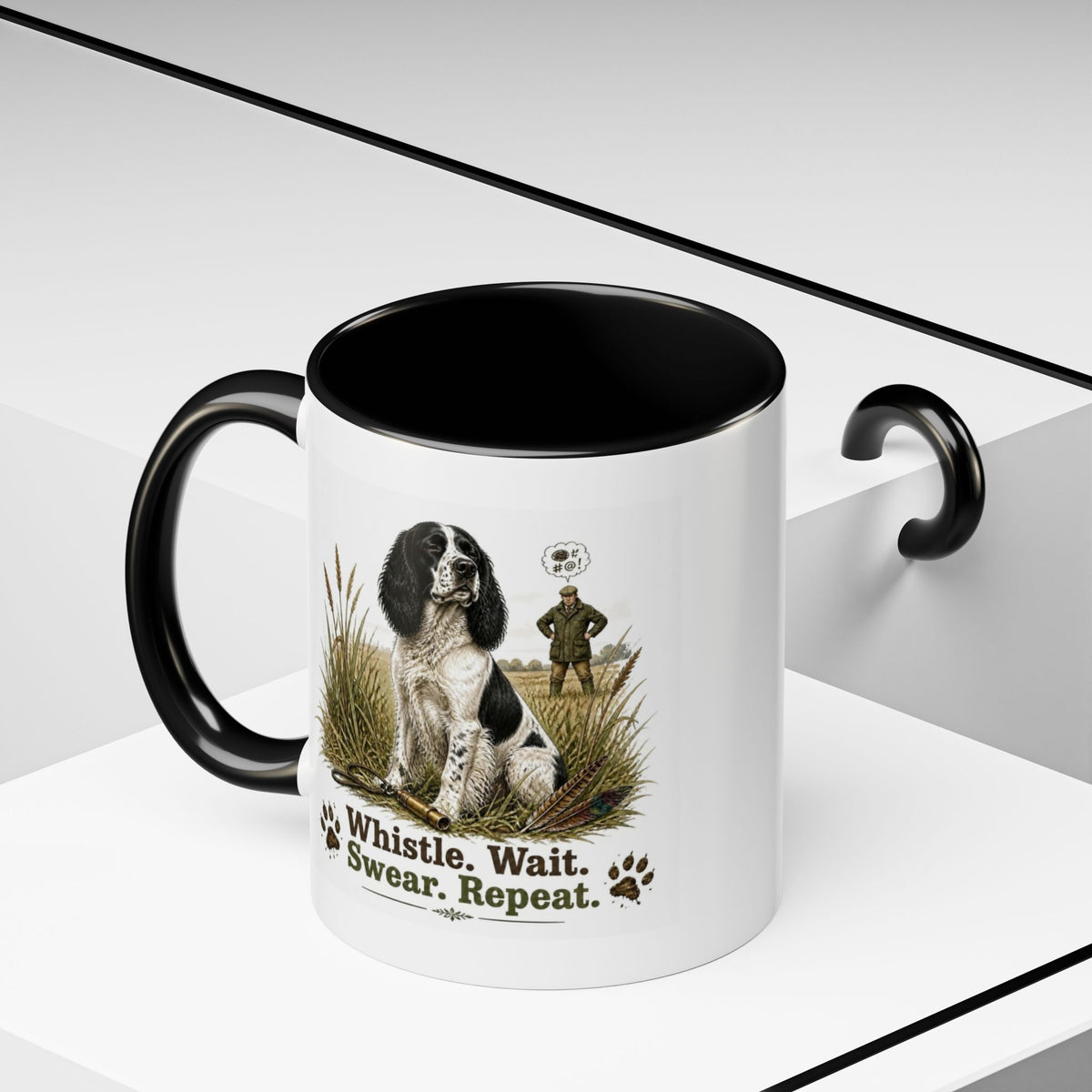 Funny Black and White Springer Spaniel Mug - Whistle. Wait. Swear. Repeat. Working Gun Dog Gift, Dog Training Mug, 11oz