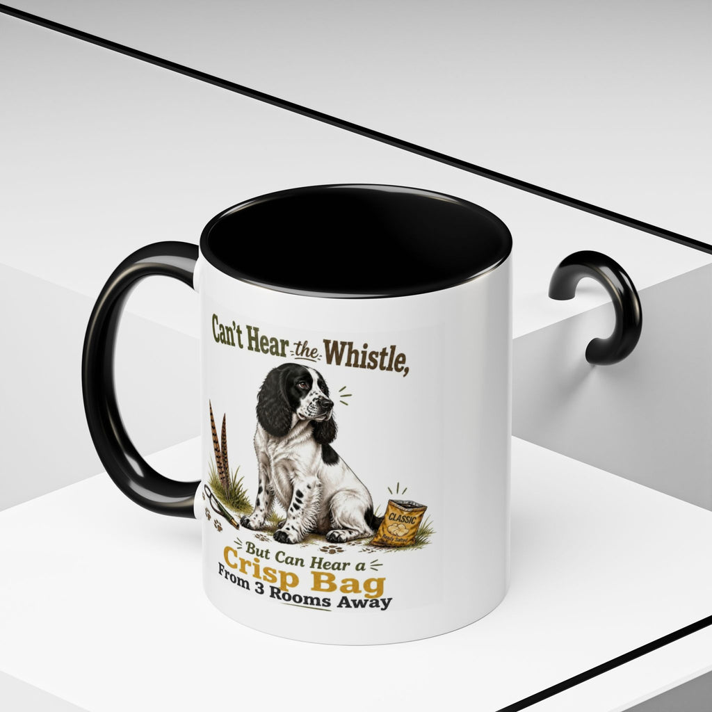 Funny Black and White Springer Spaniel Mug - Can't Hear the Whistle But Can Hear a Crisp Bag, Working Gun Dog Gift, Greedy Dog Mug, 11oz