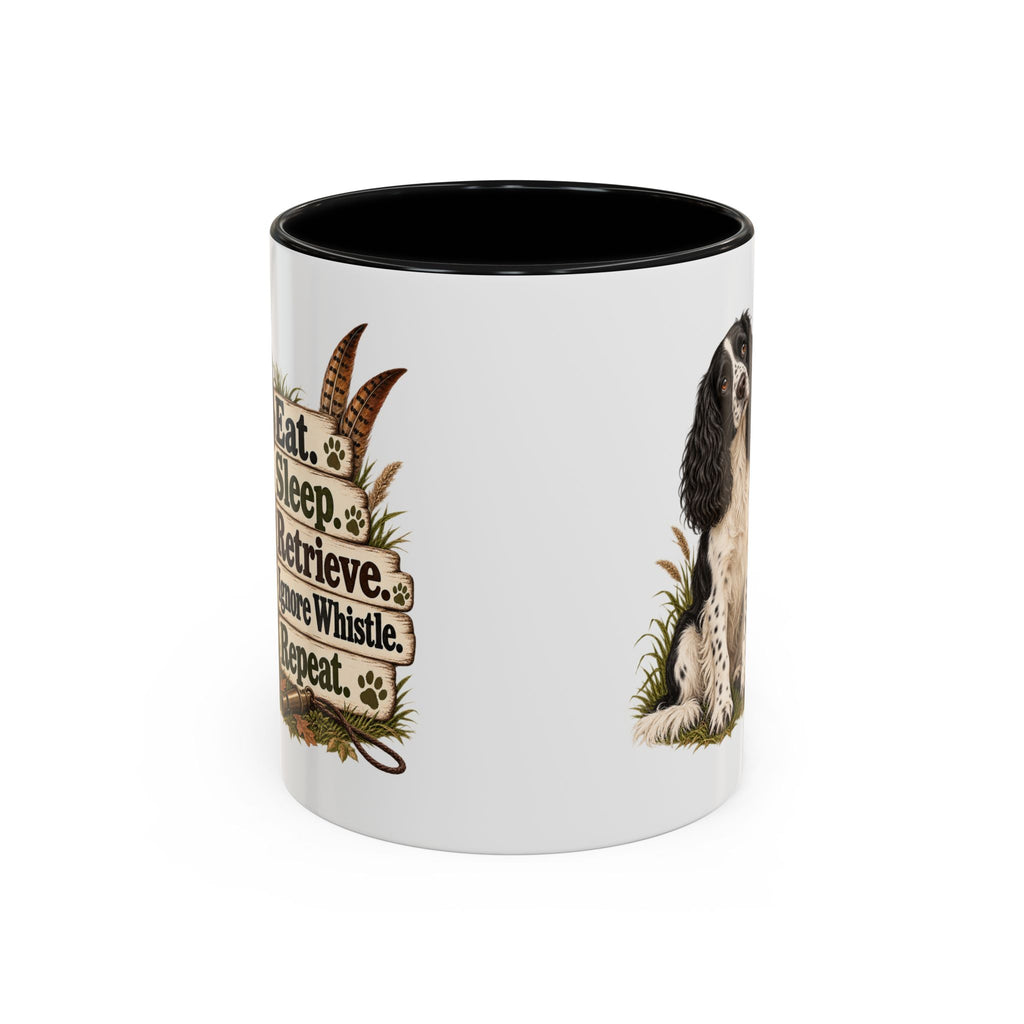 Funny Black and White Springer Spaniel Mug - Eat Sleep Retrieve Ignore Whistle Repeat, Gundog Gift, Shooting Dog Mug, 11oz