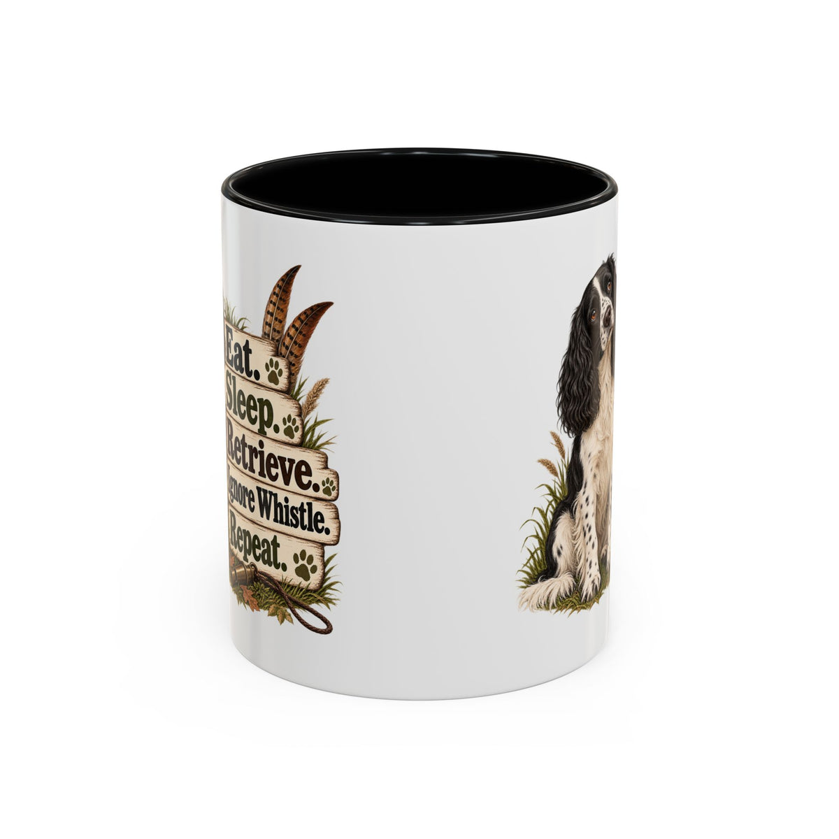 Funny Black and White Springer Spaniel Mug - Eat Sleep Retrieve Ignore Whistle Repeat, Gundog Gift, Shooting Dog Mug, 11oz