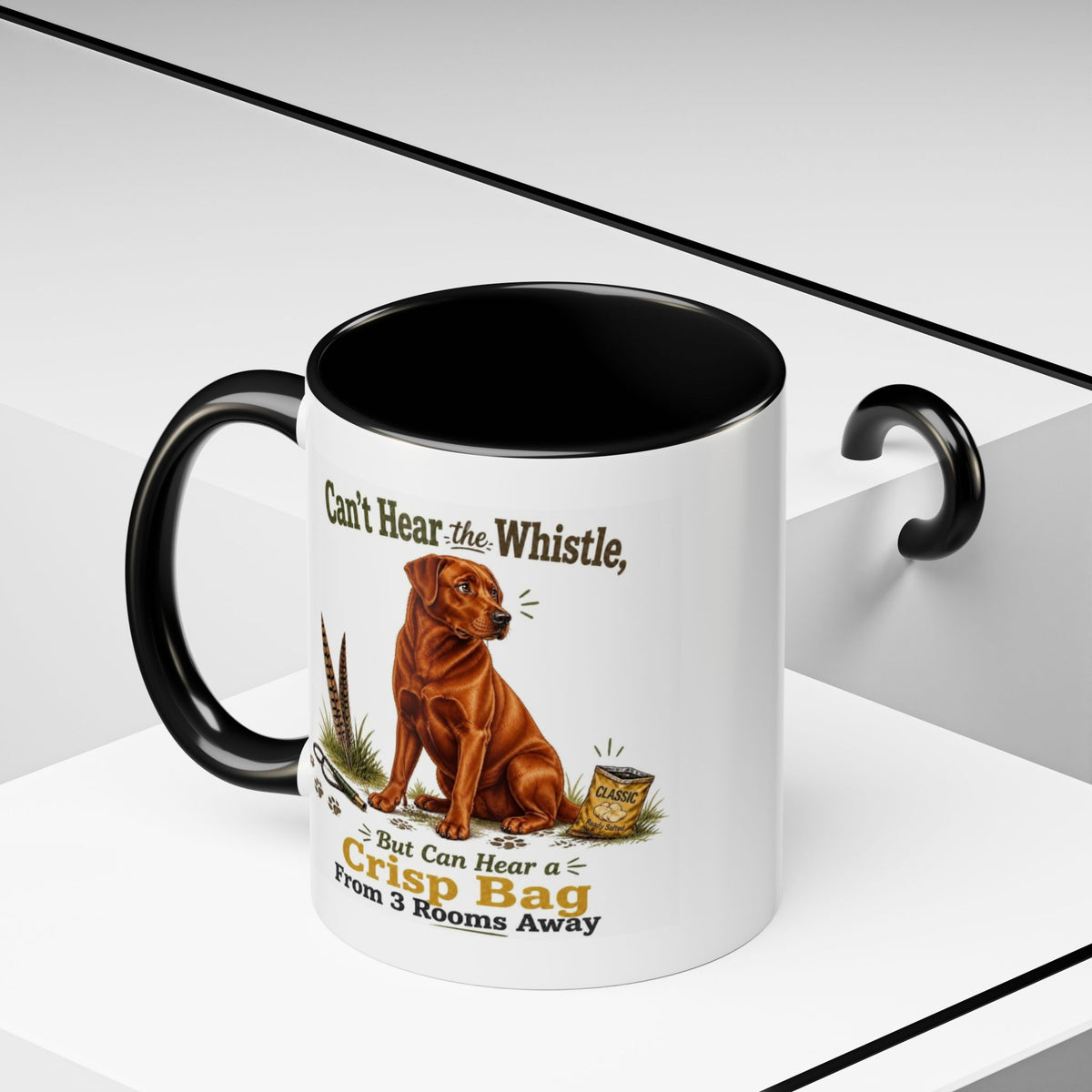 Funny Fox Red Labrador Mug - Can't Hear the Whistle But Can Hear a Crisp Bag, Working Gun Dog Gift, Greedy Dog Mug, 11oz
