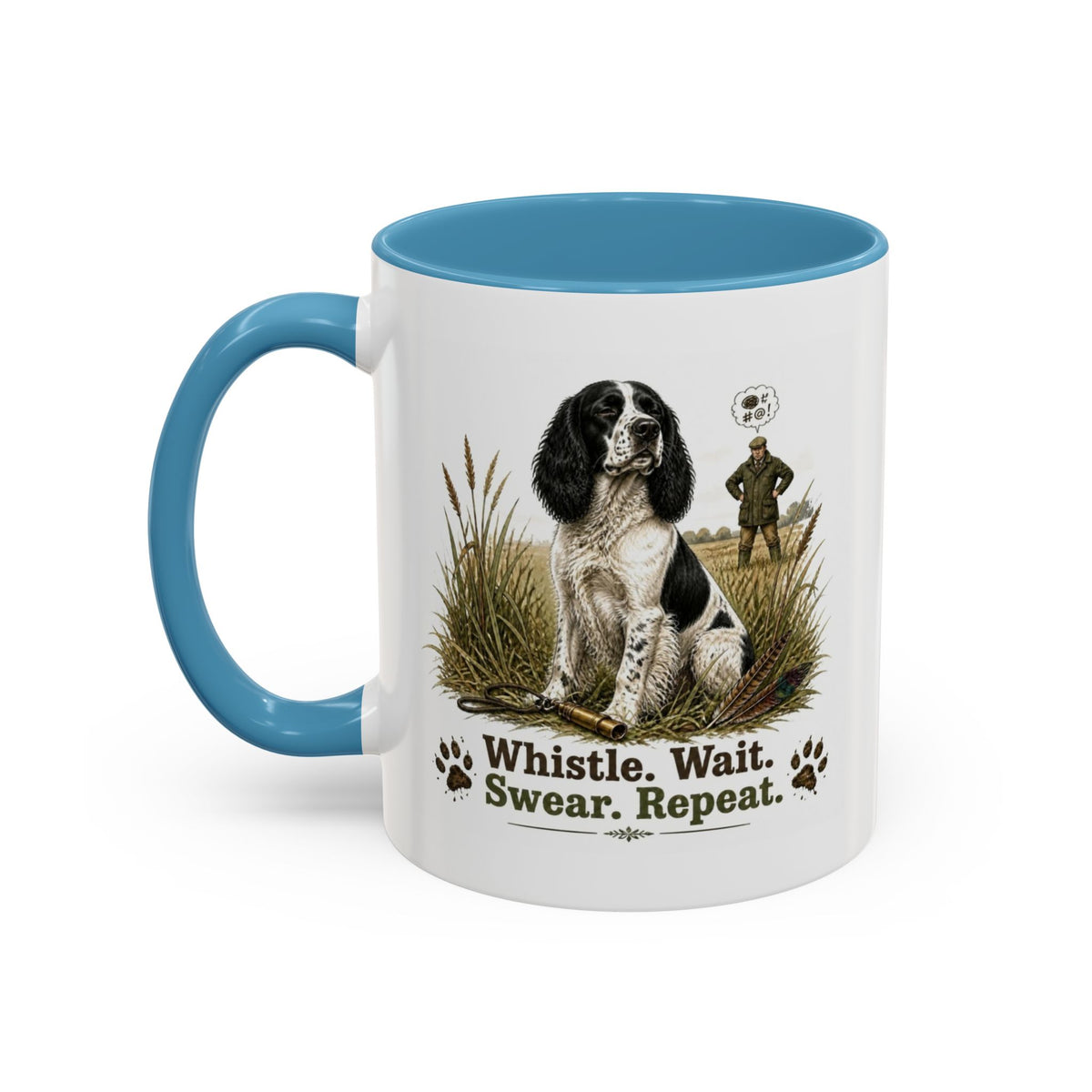 Funny Black and White Springer Spaniel Mug - Whistle. Wait. Swear. Repeat. Working Gun Dog Gift, Dog Training Mug, 11oz